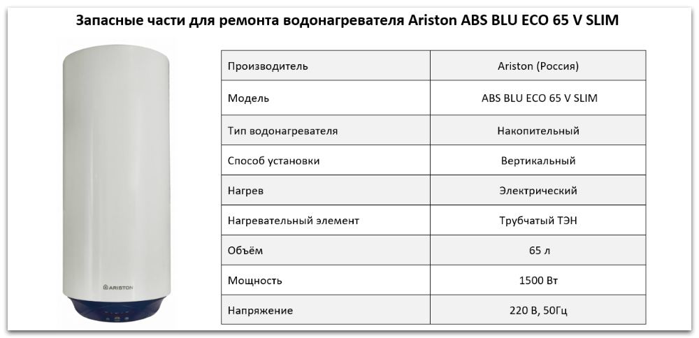 Купить запчасти Ariston ABS BLU ECO 65 V SLIM в Симферополе